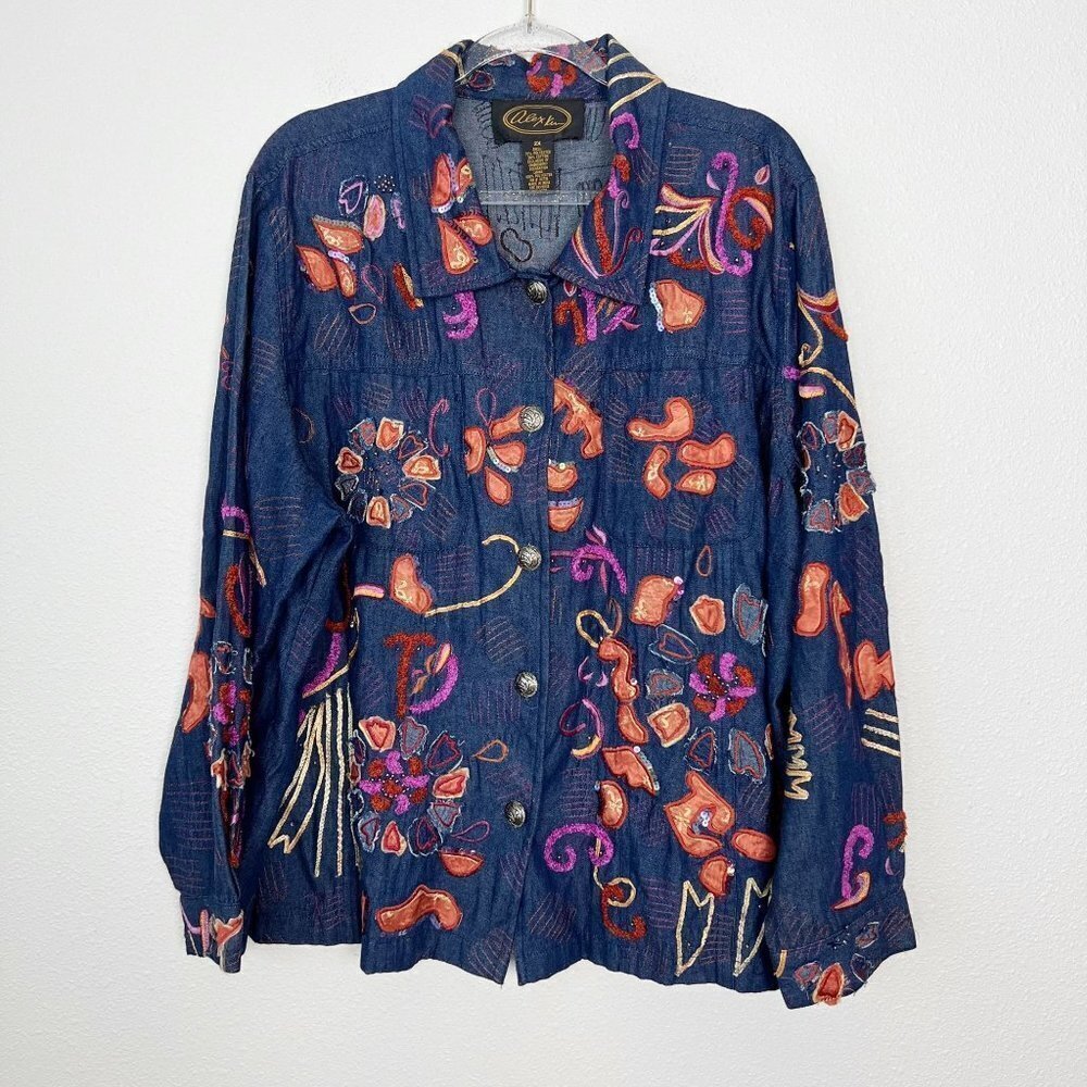 Vintage Alex Kim Chambray Denim Embroidered Sequin Art Deco Jacket Womens 2X